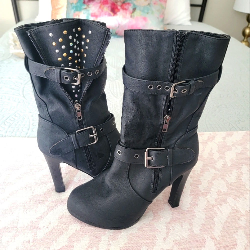 Black Buckled Side Zip-Up Gold/Silver Studded Boots, Size 8